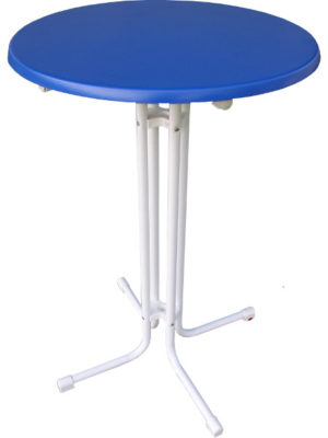 Klappstehtisch KT mit bunter Tischplatte: Hier in Blau mit weißem Untergestell. Tischplatte in der Größe Ø70 cm