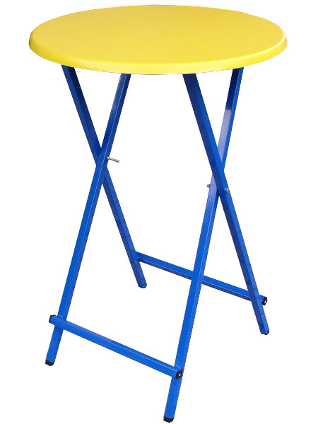 Scherenstehtisch ST-70 mit blauem pulverbeschichtetem Untergestell aus Stahlrohr und gelber Qualitäts-Tischplatte in Ø 70 cm. Klappbar, individuell und stabil!