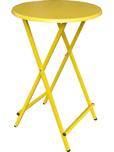 Ganz in Gelb: Scherenstehtisch ST-70 mit kräftigen GELB pulverbeschichtetem Untergestell aus Stahlrohr und gelber Tischplatte in Ø 70 cm. Klappbar, individuell und stabil!