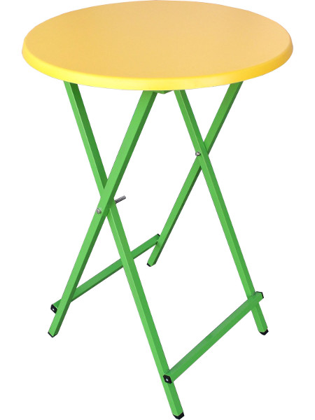 Scherenstehtisch ST-70 mit frischen Grün pulverbeschichtetem Untergestell aus Stahlrohr und gelber Tischplatte in Ø 70 cm. Klappbar, individuell und stabil! Gartenfreunde aufgepasst!