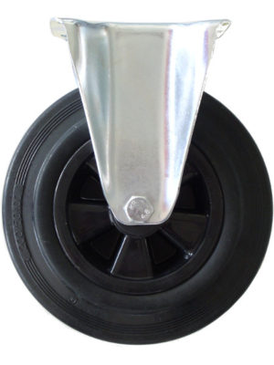 Detail Bockrolle: Seitenansicht - Rolle aus schwarzen Vollgummi. Rad mit ca. 200 kg Traglast