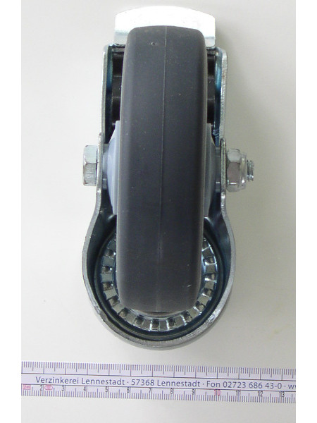 Detail Drehkranz: Detail Bremse: Seitenansicht: Rolle Standard MIT Bremse mit Rückenloch und Radgröße von 125 mm