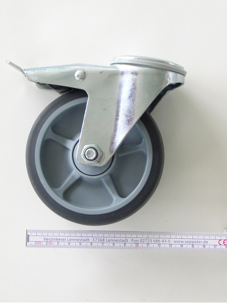 Seitenansicht: Rolle Standard MIT Bremse mit Rückenloch und Radgröße von 125 mm