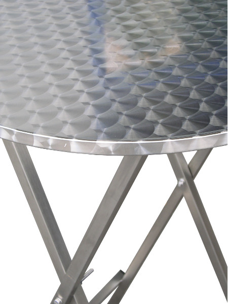 Detailaufnahme Zapfenschliff Tischplatte von Stabiler Scheren-Stehtisch aus Edelstahl mit INOX Edelstahl Tischpatte in 70 cm