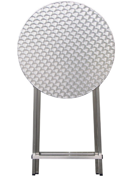 Zusammengeklappt nimmt er wenig Platz ein: Stabiler Scheren-Stehtisch aus Edelstahl mit INOX Edelstahl Tischpatte in 70 cm