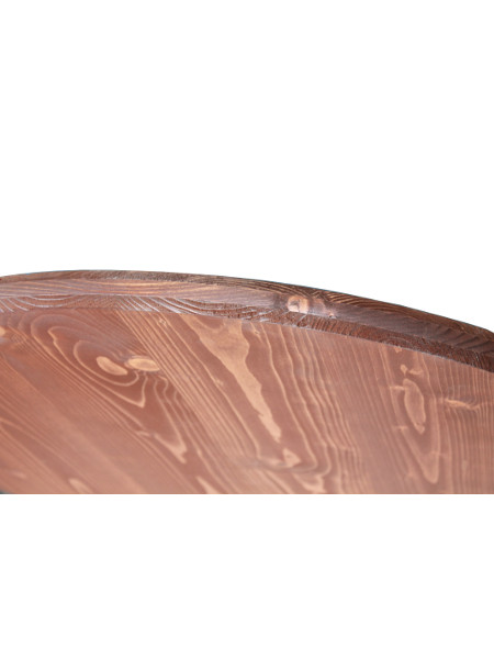 Kante der Tischplatte aus Mehrschicht-Leimholz in teakfarbe lasiert und 70 cm Durchmesser