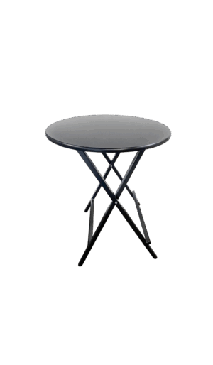 Runder Scherenstehtisch ST-U80 Hammerschlag mit schwarzer Tischplatte und pulverbeschichtetem Stahlgestell, klappbar und stabil für Gastronomie und Events.