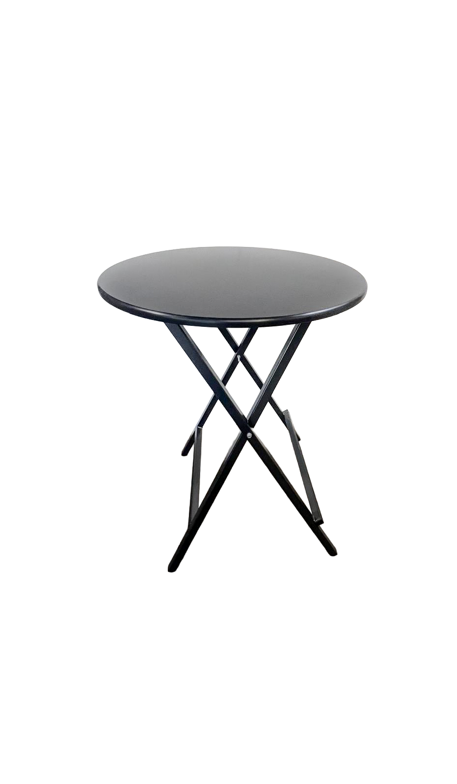 Runder Scherenstehtisch ST-U80 Hammerschlag mit schwarzer Tischplatte und pulverbeschichtetem Stahlgestell, klappbar und stabil für Gastronomie und Events.
